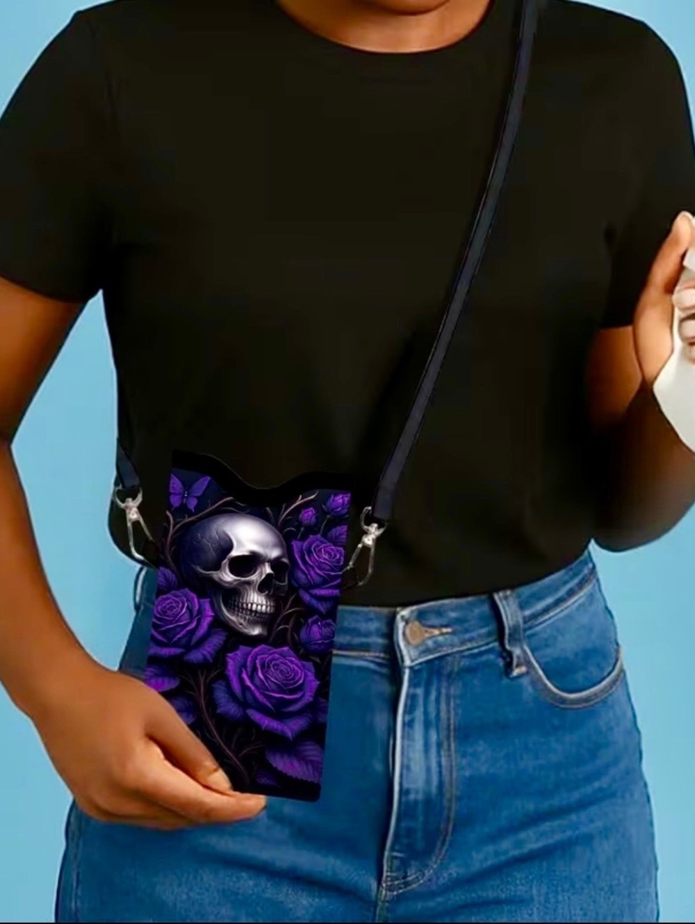 New - Skull & Rose Design Crossbody/Phone Bag in a Gorgeous Purple & Black